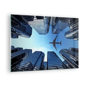 Glasbild - Bild auf glas - Blick auf das Flugzeug zwischen Wolkenkratzern - 70x50cm - Der Blick aus der Glasschlucht - Moderne Wanddekoration für Wohnzimmer und Schlafzimmer ARTTOR