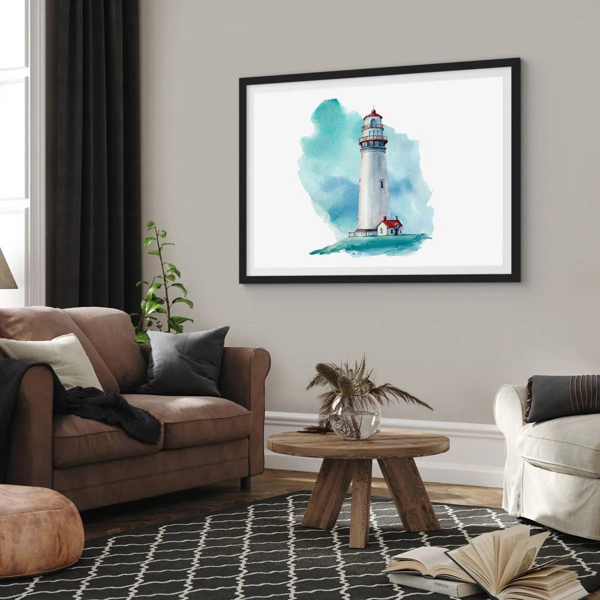 Poster in einem schwarzem Rahmen - Ein Leuchtturm vor einem aquarellblauen Hintergrund - 70x50cm - Sanfte Schwester vom Blau - Moderne Wanddekoration für Wohnzimmer und Schlafzimmer ARTTOR
