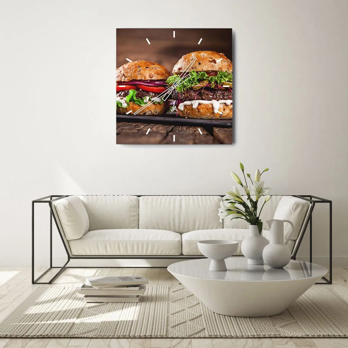 Wanduhr - Glasuhr - Appetitliche Burger mit Gemüse und Sauce - 30x30cm - Amerikanischer Traum - Moderne Wanddekoration für Wohnzimmer und Schlafzimmer ARTTOR