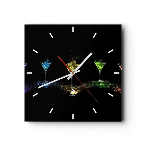 Wanduhr - Glasuhr - Bunte Cocktails in Gläsern auf schwarzem Hintergrund - 30x30cm - Farben der Freude in Kristallglas - Moderne Wanddekoration für Wohnzimmer und Schlafzimmer ARTTOR