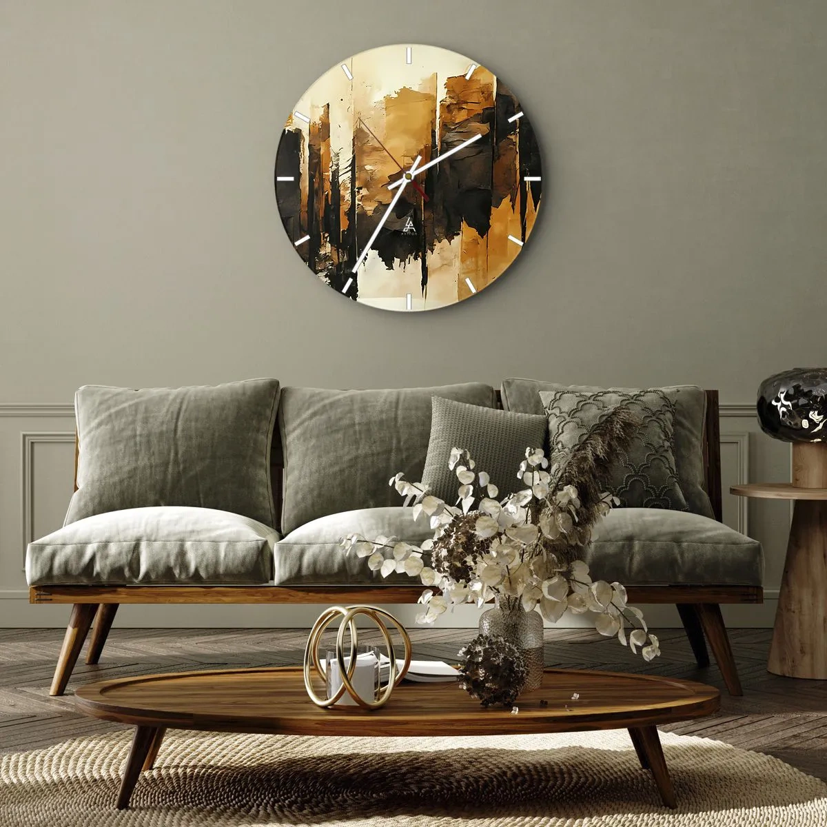 Wanduhr - Glasuhr - Abstrakte Komposition in Schwarz- und Goldtönen - 30x30cm - Harmonie von Schwarz und Gold - Moderne Wanddekoration für Wohnzimmer, Küche und Schlafzimmer ARTTOR