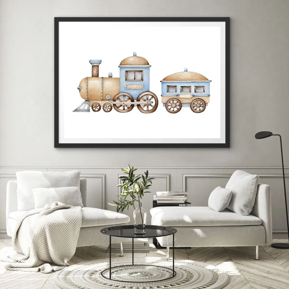 Poster in einem schwarzem Rahmen - Zeichnung eines Zuges in Pastelltönen auf weißem Hintergrund - 70x50cm - Am Bahnhof steht ... - Moderne Wanddekoration für Wohnzimmer und Schlafzimmer ARTTOR