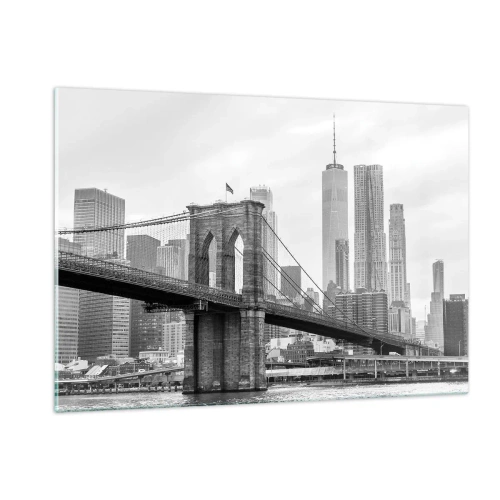 Glasbild - Bild auf glas - Schwarz-Weiß-Foto einer Brücke und Stadtlandschaft - 120x80cm - New Yorker Atmosphäre - Moderne Wanddekoration für Wohnzimmer und Schlafzimmer ARTTOR