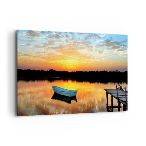 Bild auf Leinwand - Leinwandbild - Ein Boot auf einem ruhigen See bei Sonnenuntergang - 120x80cm - Schauen, hören, meditieren - Moderne Wanddekoration für Wohnzimmer und Schlafzimmer ARTTOR
