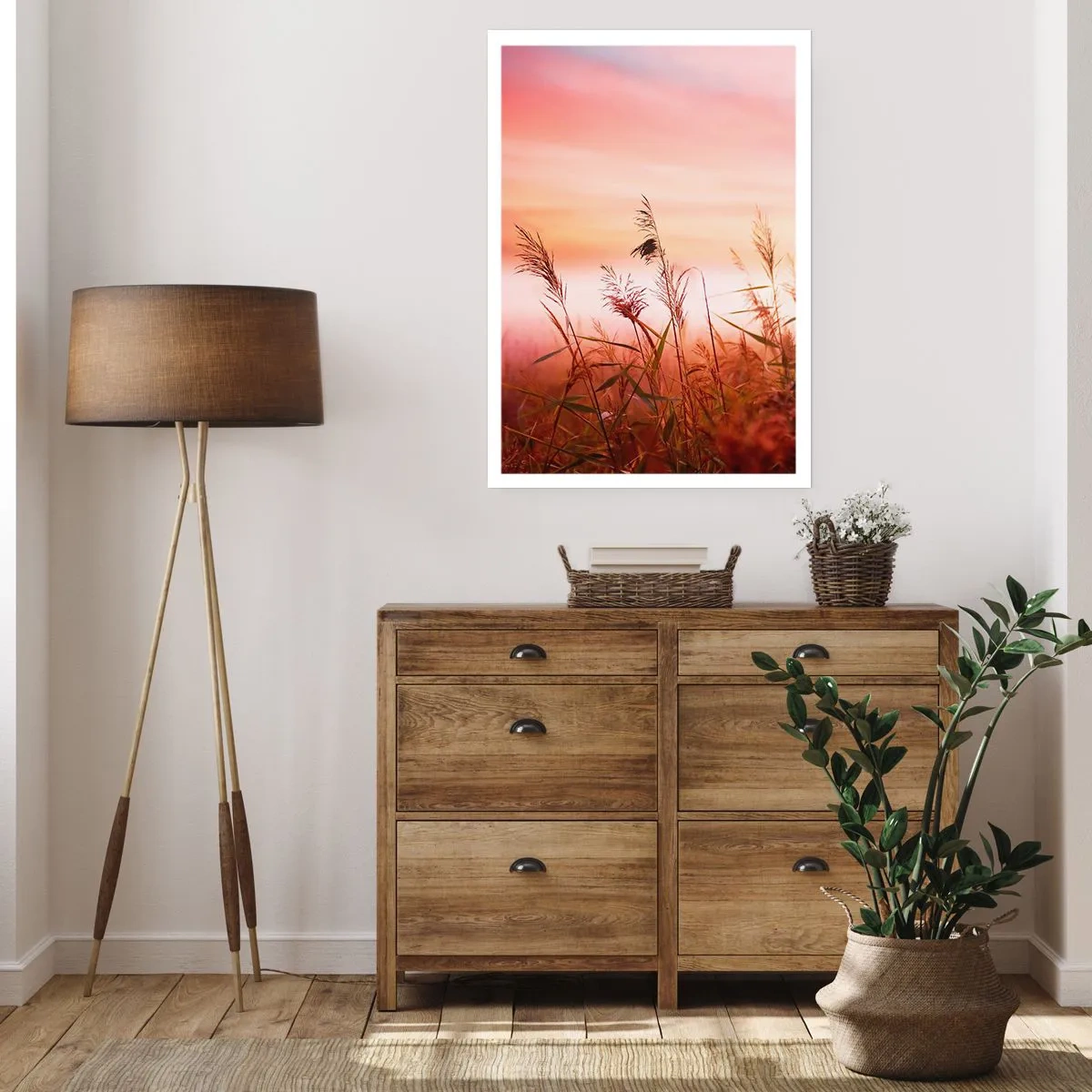 Poster - Gräser vor einem bunten Himmel bei Sonnenuntergang - 50x70cm - Drachen, Löwenzahn, Wind - Moderne Wanddekoration für Wohnzimmer und Schlafzimmer ARTTOR