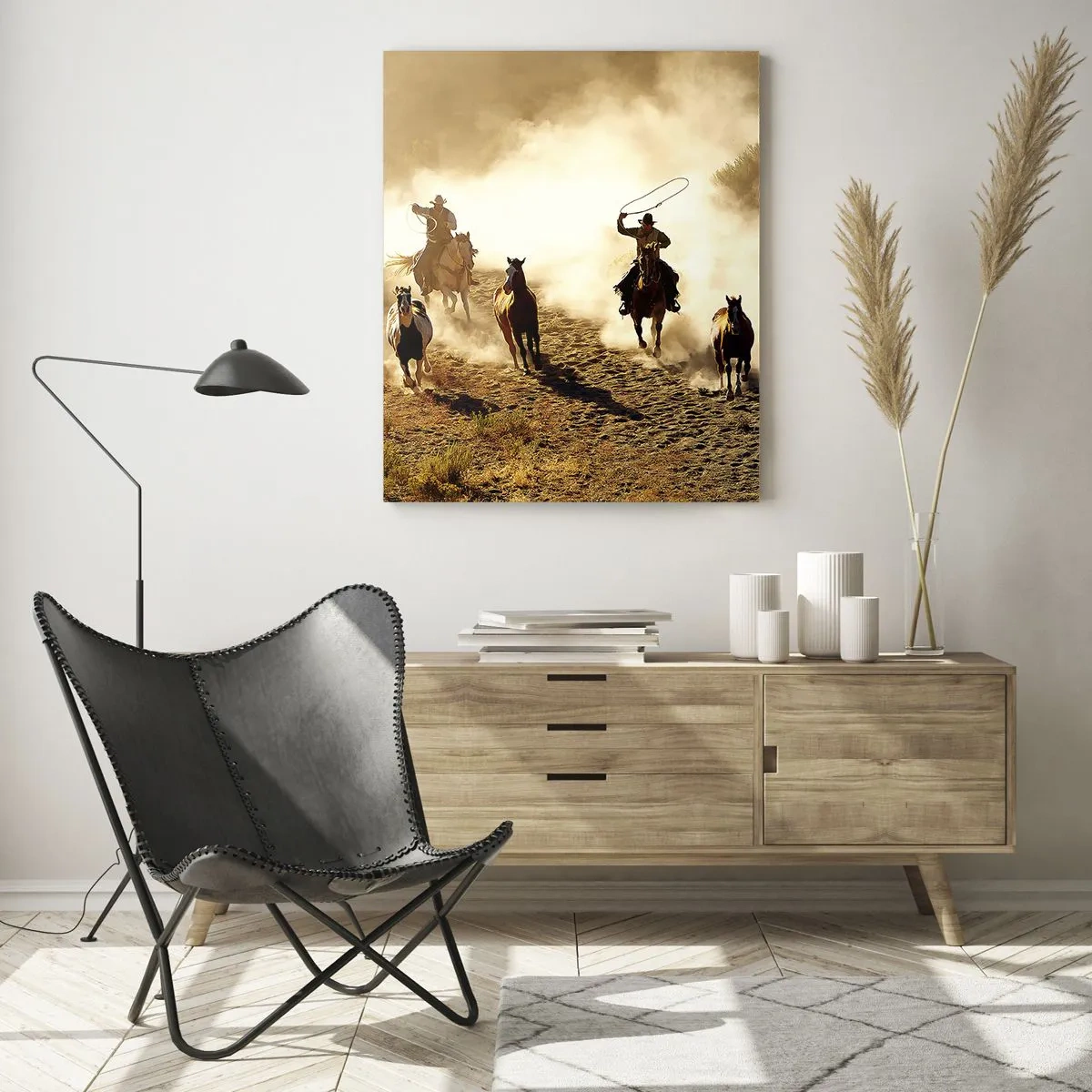 Glasbild - Bild auf glas - Cowboys zu Pferd in Aktion im Wüstengelände - 80x120cm - Wirklich wilder Westen - Moderne Wanddekoration für Wohnzimmer und Schlafzimmer ARTTOR