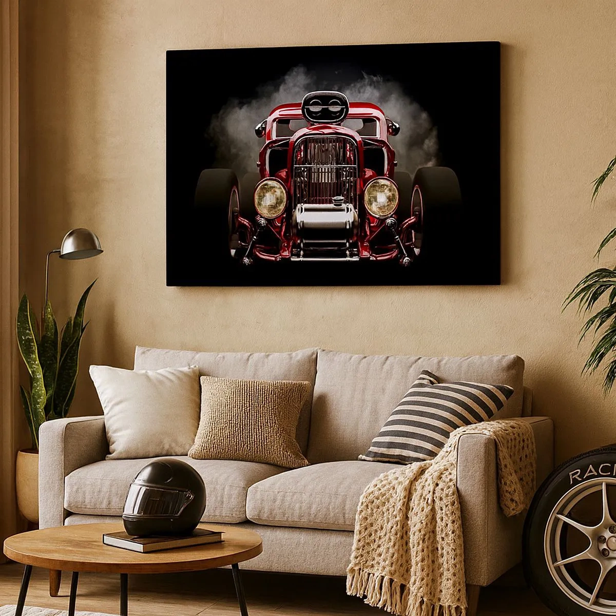 Bild auf Leinwand - Leinwandbild - Roter klassischer Rennwagen auf dunklem Hintergrund - 70x50cm - Schnell und wahnsinnig schön - Moderne Wanddekoration für Wohnzimmer und Schlafzimmer ARTTOR