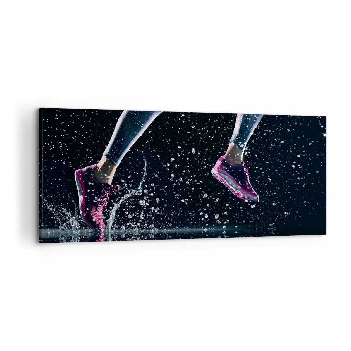 Bild auf Leinwand - Leinwandbild - Eine dynamische Aufnahme eines Laufs im Regen vor schwarzem Hintergrund - 120x50cm - Wie viel Kraft in den Beinen - Moderne Wanddekoration für Wohnzimmer und Schlafzimmer ARTTOR