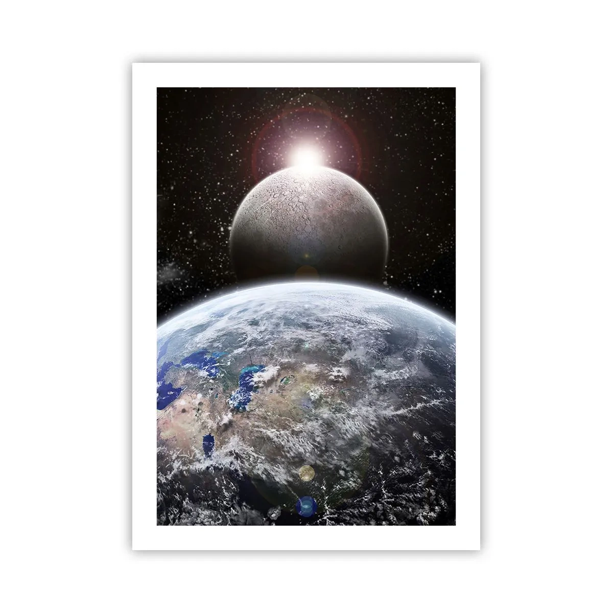 Poster - Planeten Erde und Mond im Weltraum - 50x70cm - Weltraumlandschaft - Sonnenaufgang - Moderne Wanddekoration für Wohnzimmer und Schlafzimmer ARTTOR