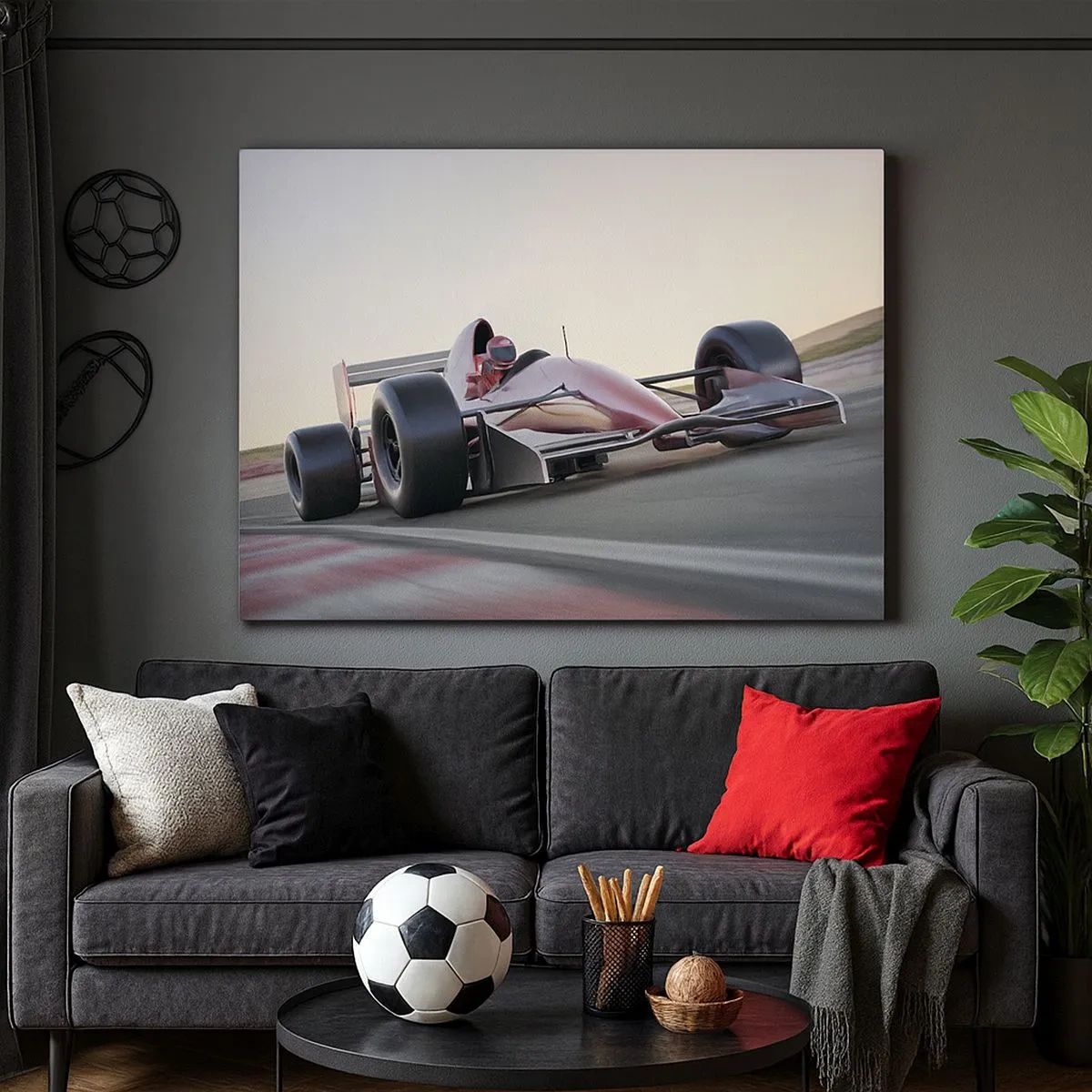 Bild auf Leinwand - Leinwandbild - Ein rotes Formel-1-Auto auf einer Rennstrecke während der Fahrt - 70x50cm - Immer der Gewinner - Moderne Wanddekoration für Wohnzimmer und Schlafzimmer ARTTOR