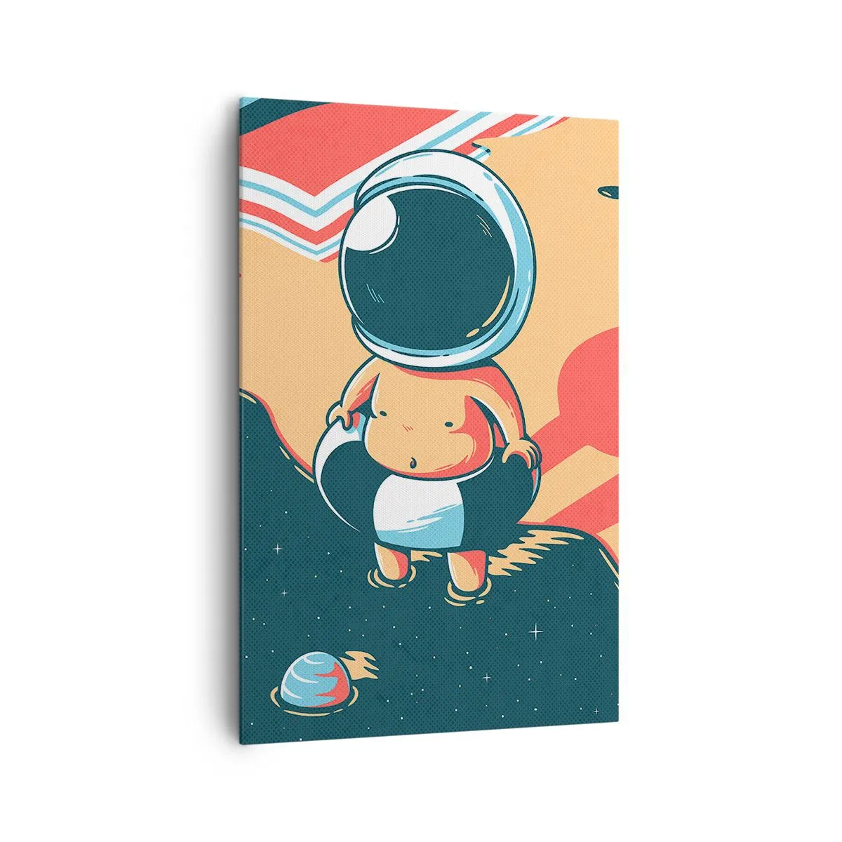 Bild auf Leinwand - Leinwandbild - Lustiger Astronaut am Strand mit Weltraumelementen im Hintergrund - 80x120cm - Aus einer anderen Perspektive - Moderne Wanddekoration für Wohnzimmer und Schlafzimmer ARTTOR