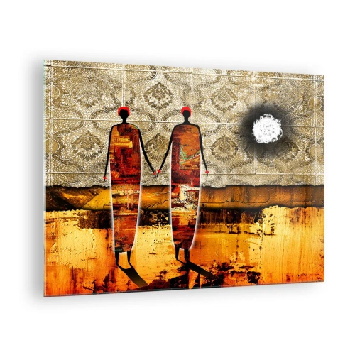 Glasbild - Bild auf glas - Zwei abstrakte Figuren vor einem Hintergrund aus Ornamenten und goldenen Farbtönen - 70x50cm - Ethnische Zusammensetzung in den Farben Afrikas - Moderne Wanddekoration für Wohnzimmer und Schlafzimmer ARTTOR