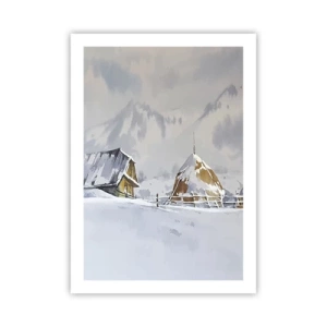 Poster - Winterlandschaft mit Hütte und Heuhaufen in den Bergen - 50x70cm - In einem verschneiten Talkessel - Moderne Wanddekoration für Wohnzimmer und Schlafzimmer ARTTOR