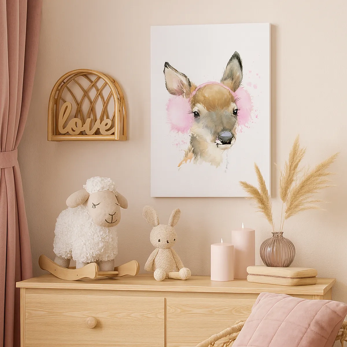 Bild auf Leinwand - Leinwandbild - Aquarell Hirsch in rosa Ohrenschützern - 50x70cm - Und der Frost ist nicht mehr schrecklich - Moderne Wanddekoration für Wohnzimmer und Schlafzimmer ARTTOR