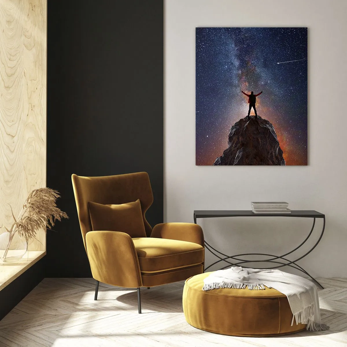 Glasbild - Bild auf glas - Silhouette eines Mannes auf einem Felsen unter einem Sternenhimmel - 50x70cm - Die Macht ist mit mir! - Moderne Wanddekoration für Wohnzimmer und Schlafzimmer ARTTOR