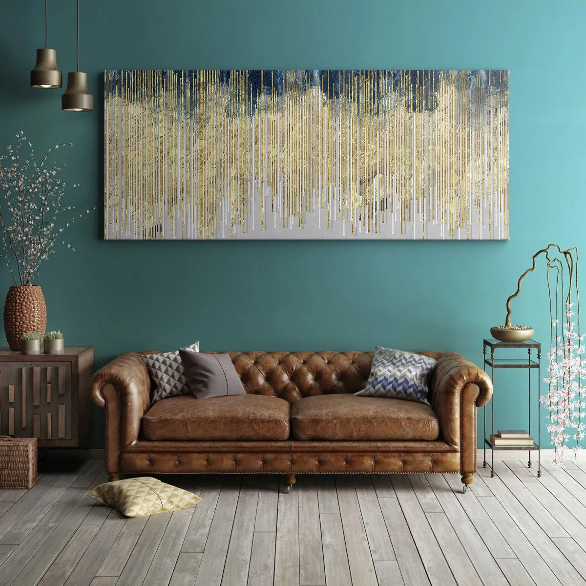 Bild auf Leinwand - Leinwandbild - Goldene Linien vor einem Hintergrund aus marineblauer und grauer Abstraktion - 160x50cm - Vergoldete Grenze - Moderne Wanddekoration für Wohnzimmer und Schlafzimmer ARTTOR