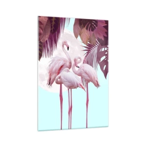 Glasbild - Bild auf glas - Rosa Flamingos vor dem Hintergrund des Mondes und tropischer Blätter - 70x100cm - Drei Vogelgnaden - Moderne Wanddekoration für Wohnzimmer und Schlafzimmer ARTTOR