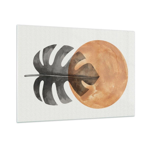 Glasbild - Bild auf glas - Monstera-Blatt und orangefarbener Kreis im Grafikstil auf weißem Hintergrund. - 100x70cm - Immer die Sonne - Moderne Wanddekoration für Wohnzimmer und Schlafzimmer ARTTOR