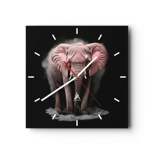 Wanduhr - Glasuhr - Eine künstlerische Interpretation eines rosa Elefanten auf schwarzem Hintergrund - 30x30cm - Denke nicht an einen rosa Elefanten! - Moderne Wanddekoration für Wohnzimmer und Schlafzimmer ARTTOR