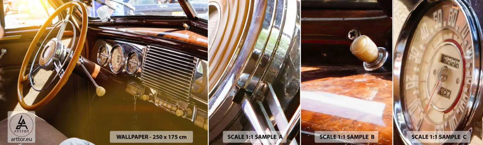Fototapeten Muster Selbstklebend Deluxe Sticker - Ein Hauch von Luxus aus der Vergangenheit - Oldtimer, Automobil, Armaturenbrett - 100x30 cm
