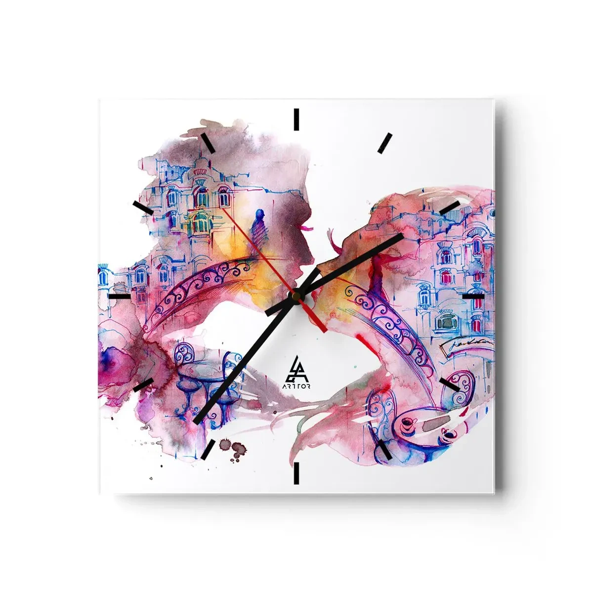 Wanduhr - Glasuhr - Ein romantisches Aquarell, das die Silhouetten von Liebenden darstellt - 30x30cm - Die geheime Seufzerbrücke - Moderne Wanddekoration für Wohnzimmer und Schlafzimmer ARTTOR