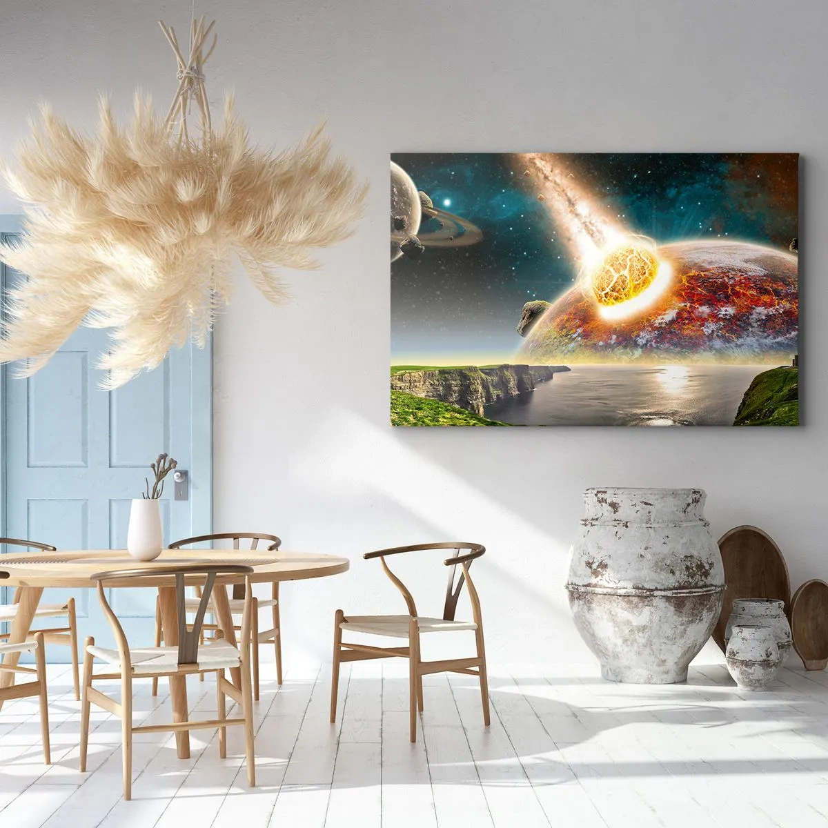 Bild auf Leinwand - Leinwandbild - Ein Meteorit kollidiert mit einem Planeten in einer kosmischen Landschaft. - 100x70cm - Kosmisches Drama - Moderne Wanddekoration für Wohnzimmer und Schlafzimmer ARTTOR