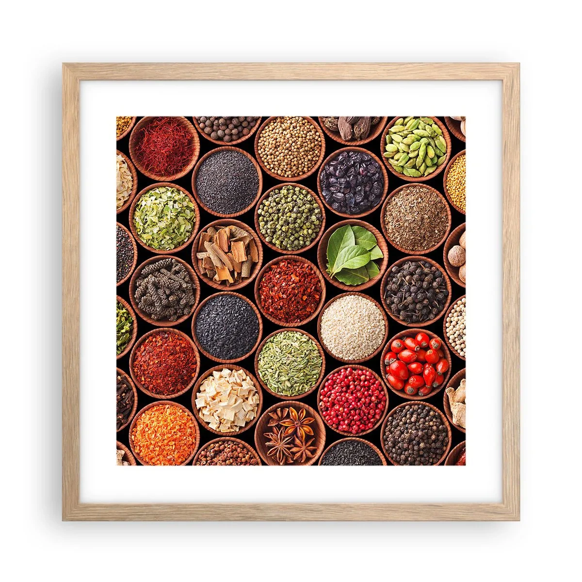 Poster in einem Rahmen aus heller Eiche - Alle Aromen der Welt - 40x40 cm