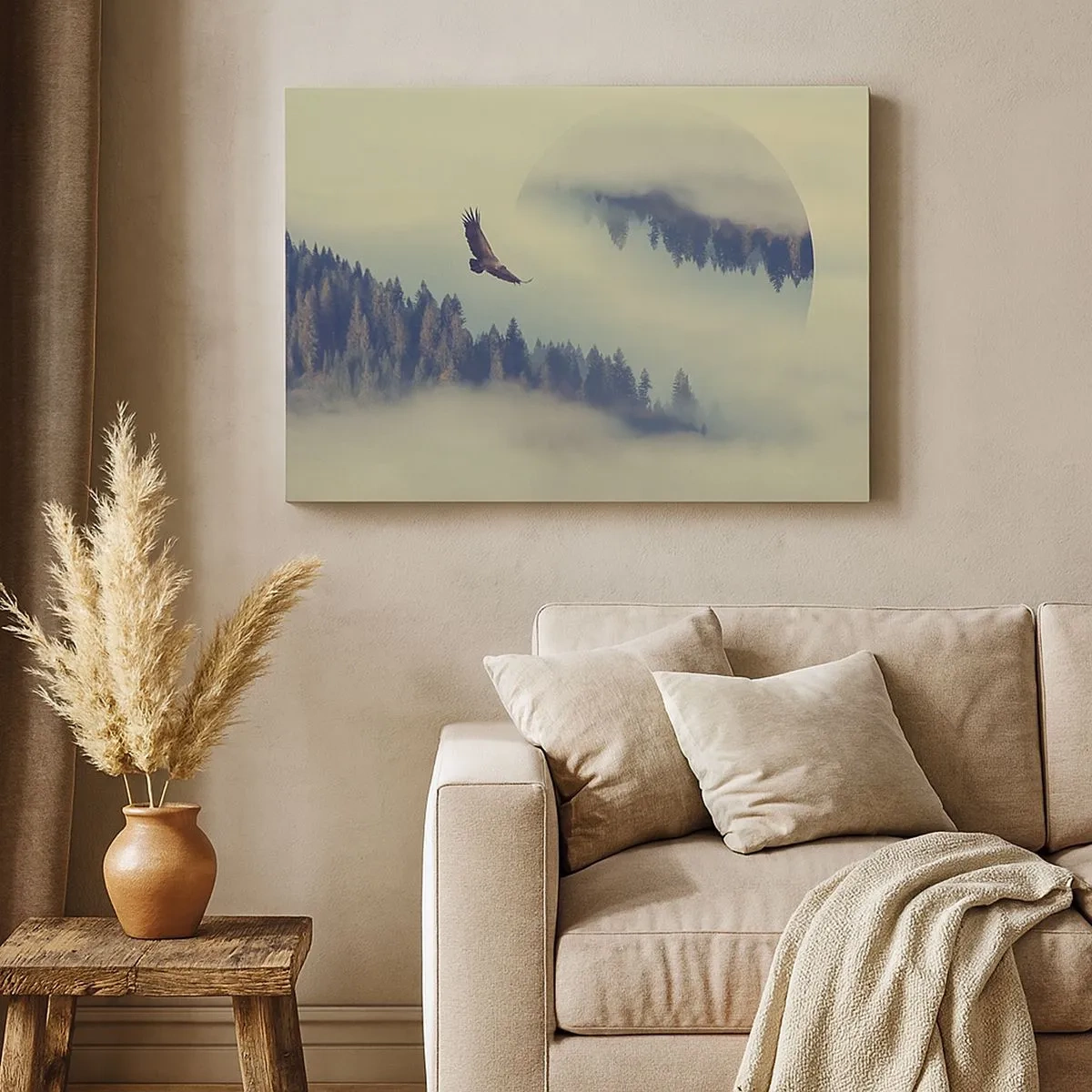 Bild auf Leinwand - Leinwandbild - Ein Adler im Flug vor der Kulisse nebliger Berge mit einem künstlerischen Kreismotiv - 70x50cm - Ich habe den Schatten eines Adlers gesehen - Moderne Wanddekoration für Wohnzimmer und Schlafzimmer ARTTOR