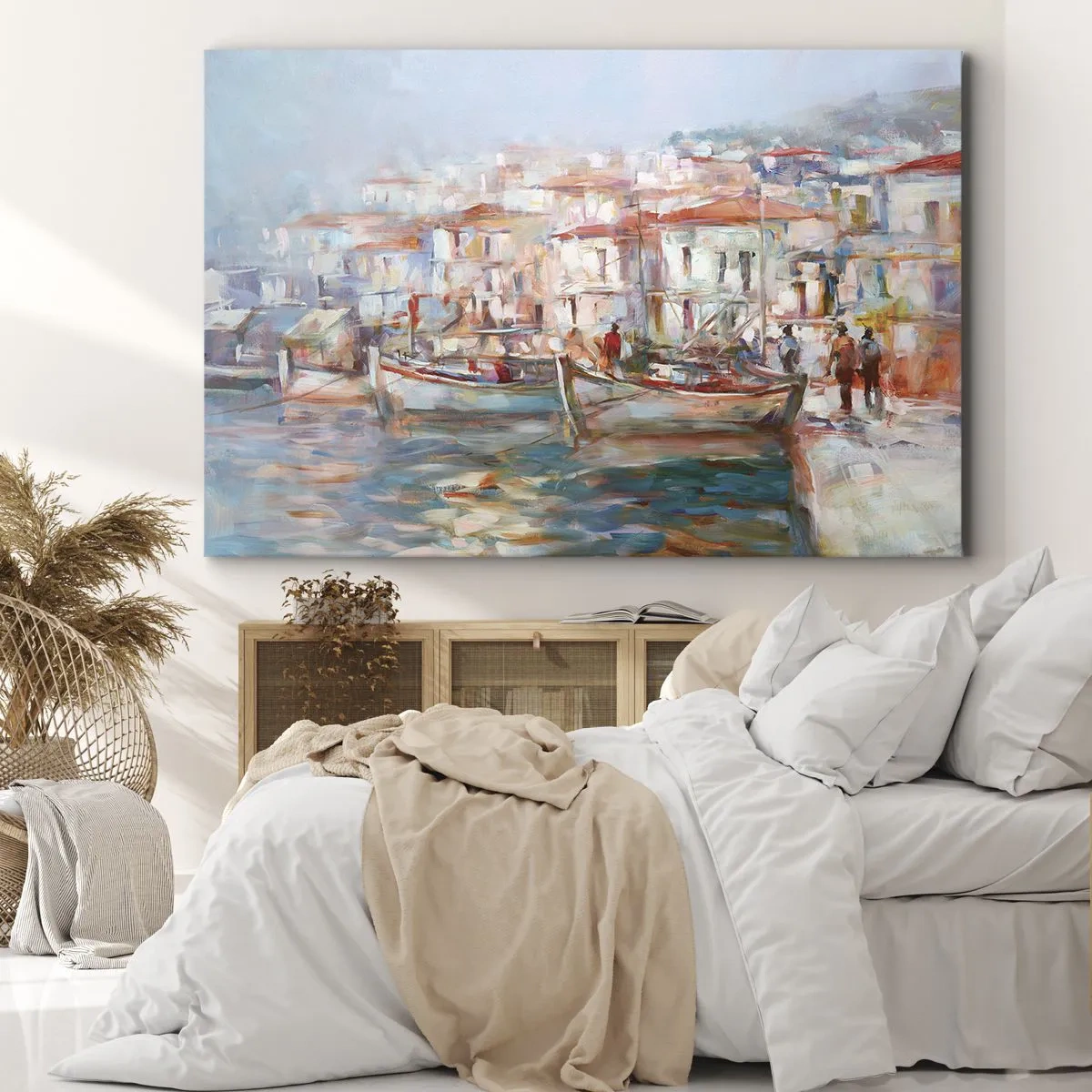 Bild auf Leinwand - Leinwandbild - Hafenimpression mit Booten und Gebäuden - 70x50cm - Pastell-Sommerferien - Moderne Wanddekoration für Wohnzimmer und Schlafzimmer ARTTOR