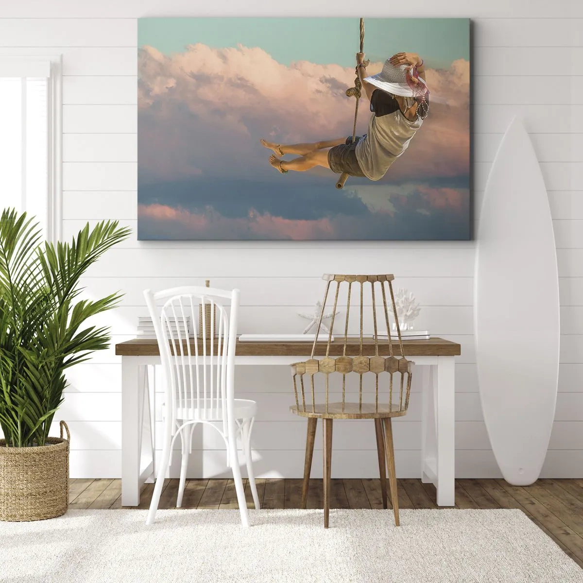 Bild auf Leinwand - Leinwandbild - Frau auf einer Schaukel zwischen rosa Wolken - 100x70cm - Spaß in den Wolken - Moderne Wanddekoration für Wohnzimmer und Schlafzimmer ARTTOR