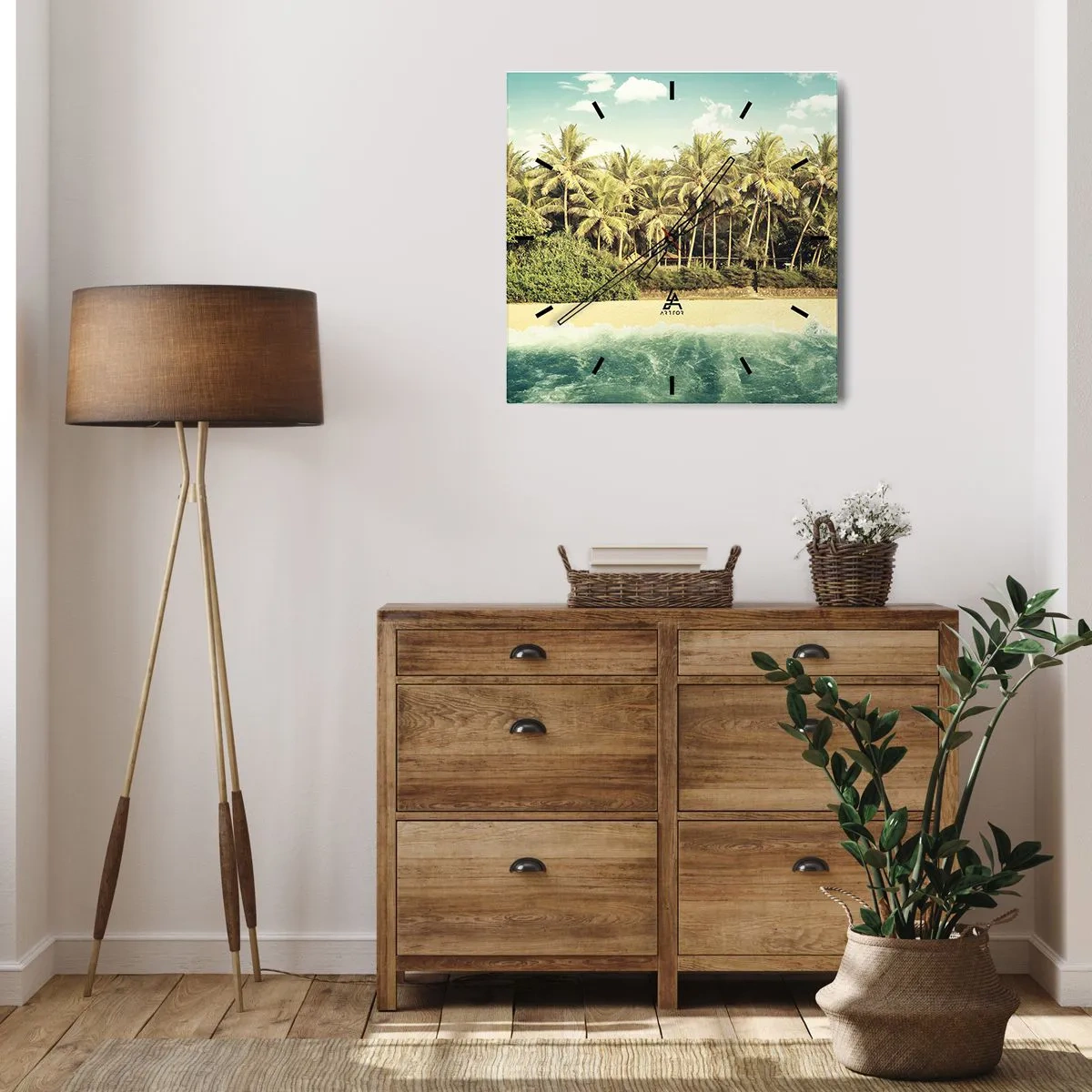 Wanduhr - Glasuhr - Tropischer Strand mit Palmen und türkisfarbenem Meer - 30x30cm - Wie wäre es hier? - Moderne Wanddekoration für Wohnzimmer und Schlafzimmer ARTTOR