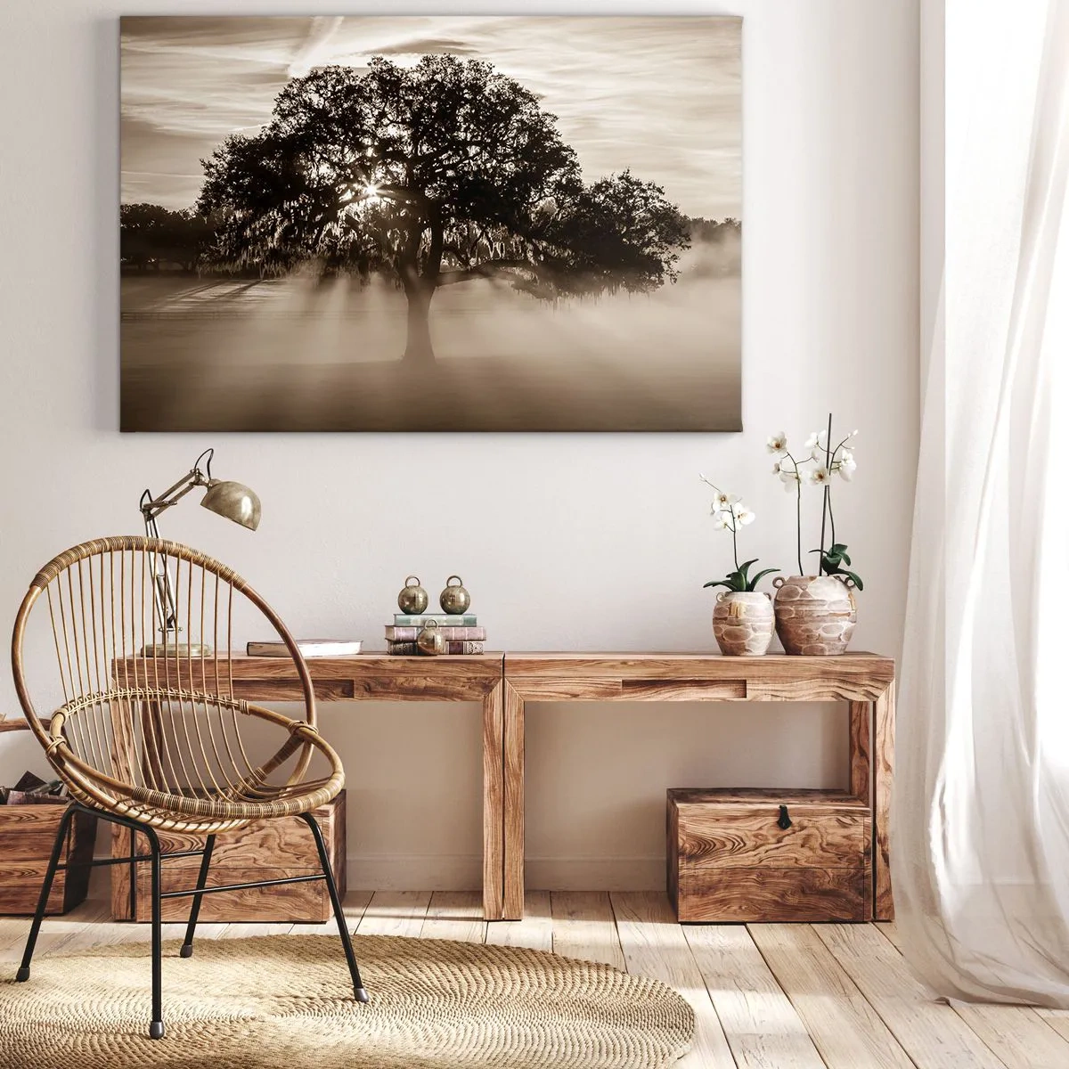 Bild auf Leinwand - Leinwandbild - Sonnenstrahlen scheinen durch einen einsamen Baum - 70x50cm - Baum der guten Nachrichten - Moderne Wanddekoration für Wohnzimmer und Schlafzimmer ARTTOR