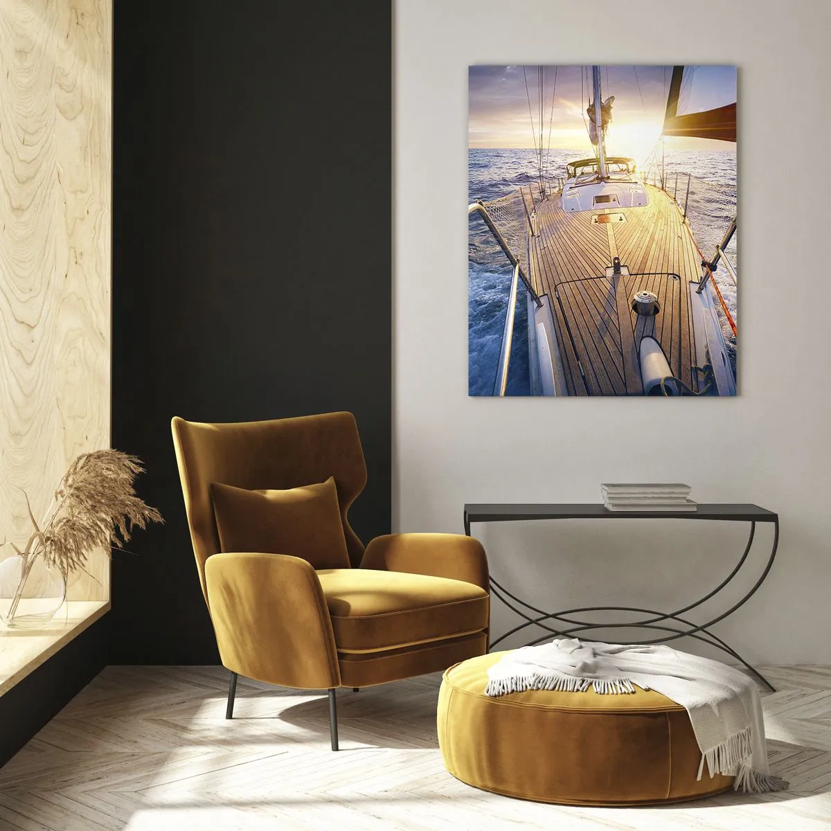 Glasbild - Bild auf glas - Das Deck eines Segelbootes vor der Kulisse der untergehenden Sonne und der Meereswellen - 50x70cm - Laufen unter den Wellen - Moderne Wanddekoration für Wohnzimmer und Schlafzimmer ARTTOR