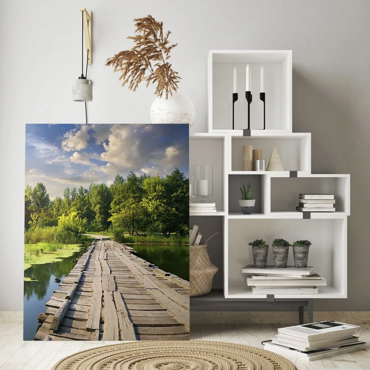 Glasbild - Bild auf glas - Eine malerische Landschaft mit einer Brücke und einem Schwan - 70x100cm - Sommer, Sommer überall - Moderne Wanddekoration für Wohnzimmer und Schlafzimmer ARTTOR