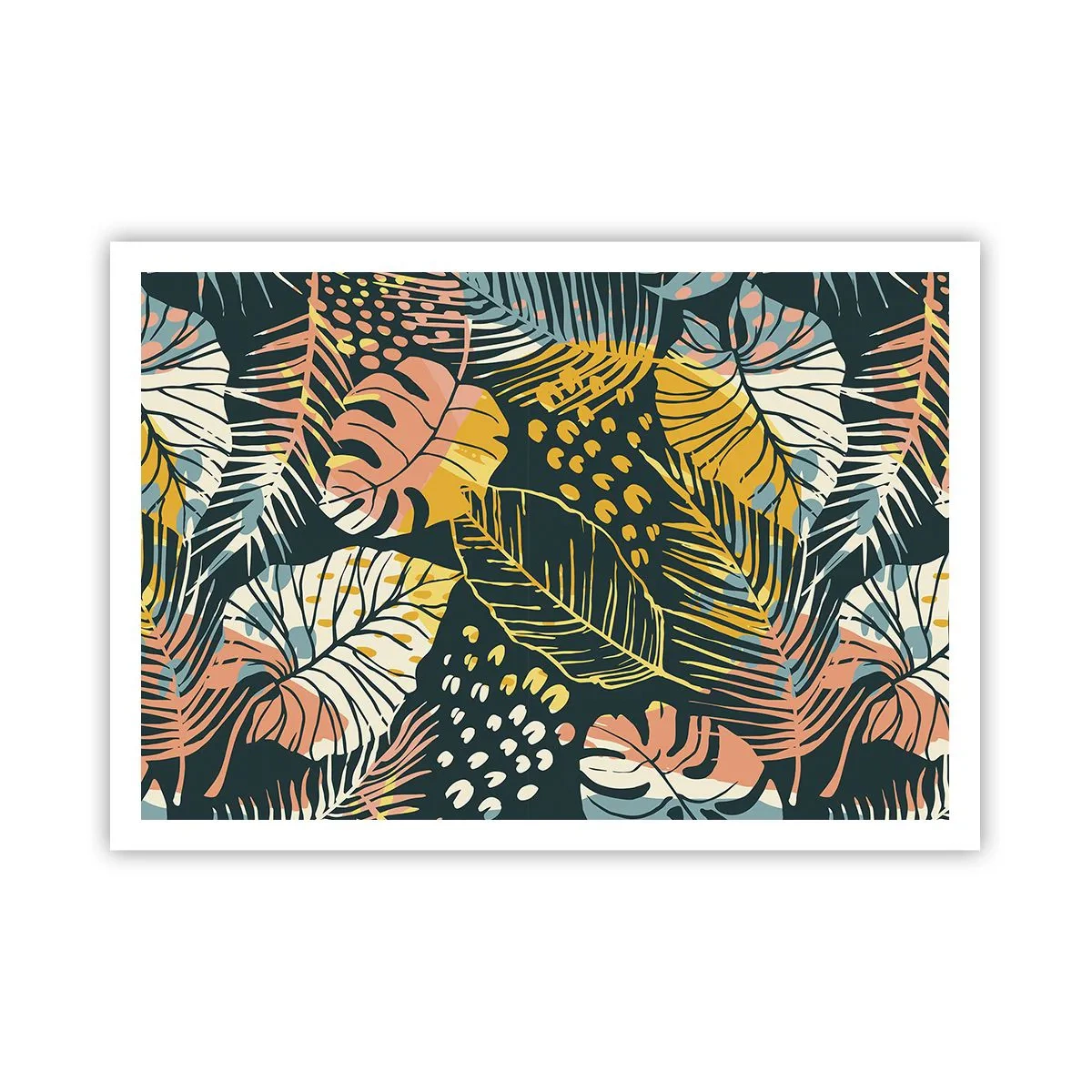 Poster - Bunte Blätter auf dunklem Hintergrund - 100x70cm - Grüne Fantasie - Moderne Wanddekoration für Wohnzimmer und Schlafzimmer ARTTOR