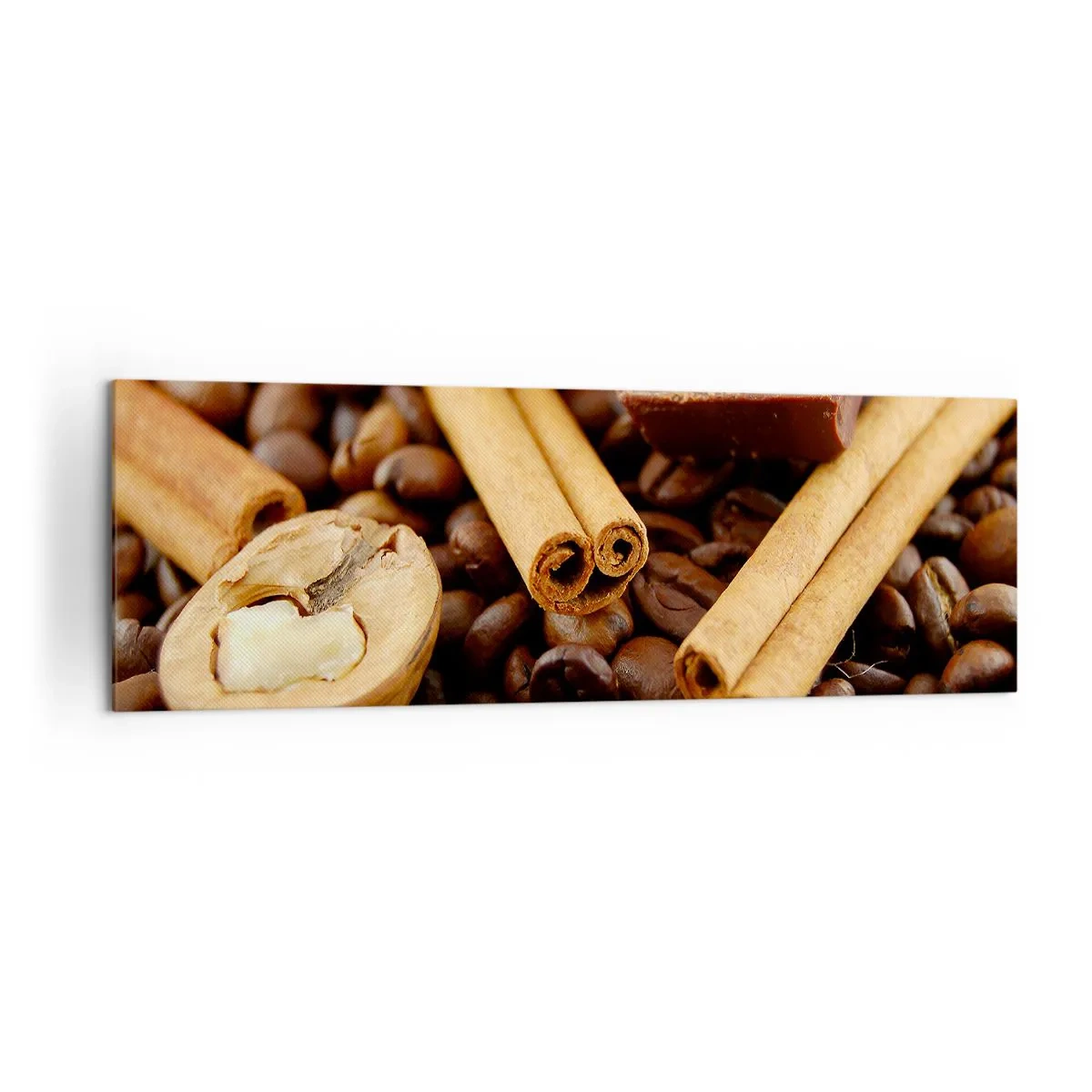 Bild auf Leinwand - Leinwandbild - Kaffeebohnen mit Zimtstangen, Schokolade und Walnuss. - 160x50cm - Konzert der Aromen - Moderne Wanddekoration für Wohnzimmer und Schlafzimmer ARTTOR