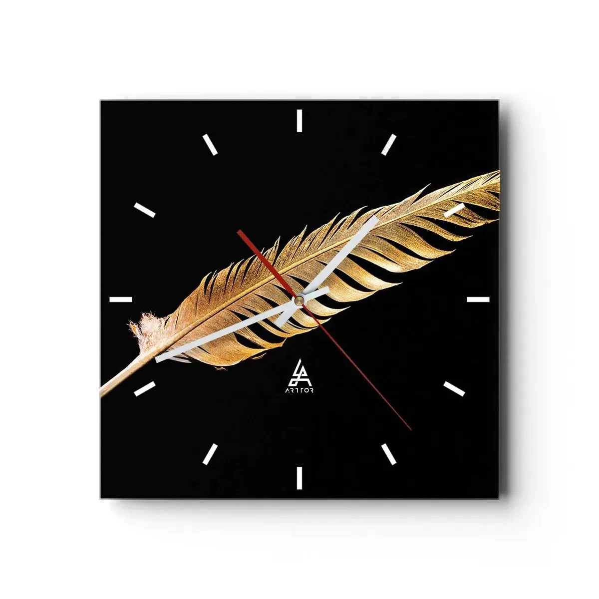 Wanduhr - Glasuhr - Goldene Feder auf schwarzem Hintergrund - 30x30cm - Er hat ein ungewöhnliches Schreibtalent ... - Moderne Wanddekoration für Wohnzimmer und Schlafzimmer ARTTOR