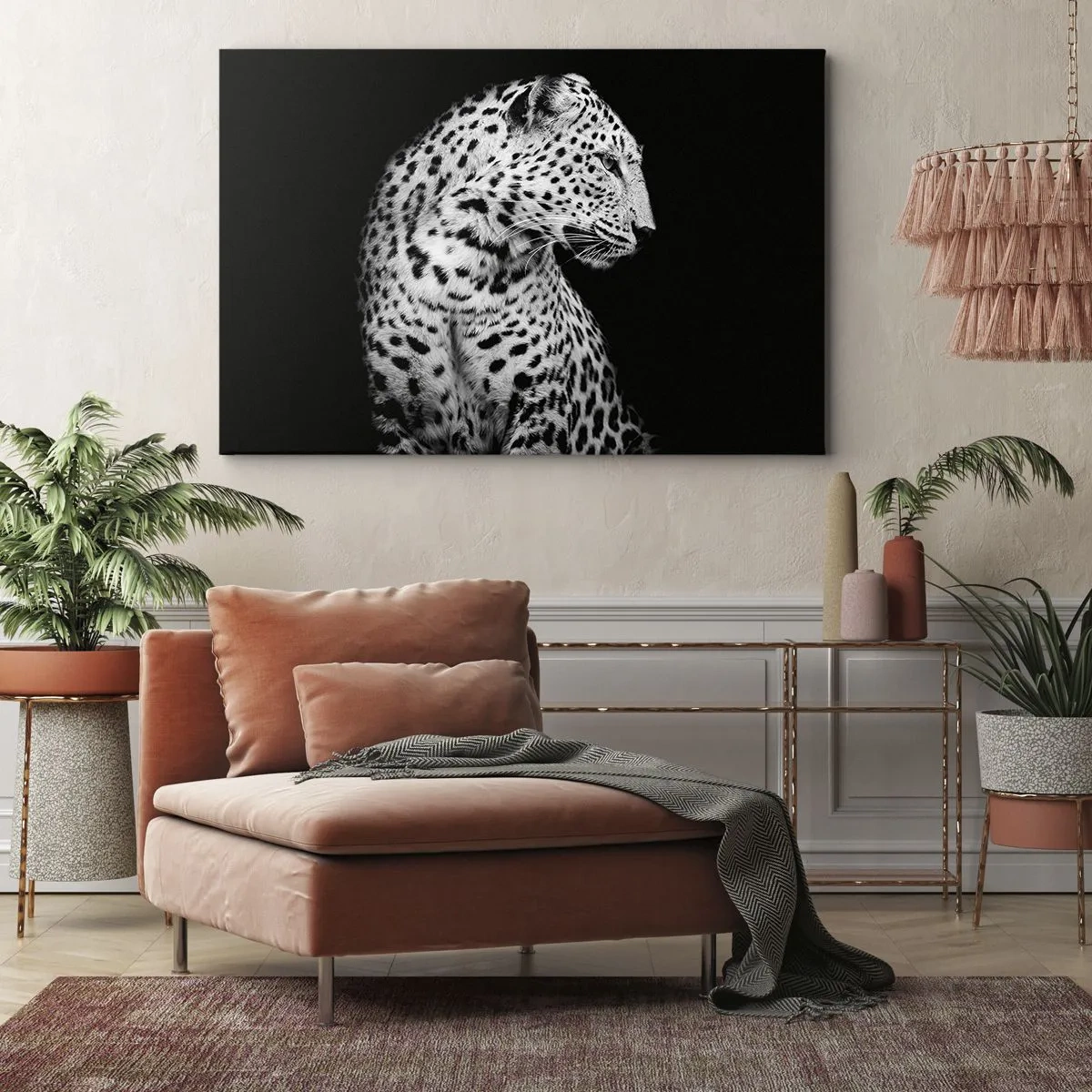 Bild auf Leinwand - Leinwandbild - Schwarz-Weiß-Bild eines Leoparden auf schwarzem Hintergrund - 70x50cm - Rechtes Profil perfekt! - Moderne Wanddekoration für Wohnzimmer und Schlafzimmer ARTTOR