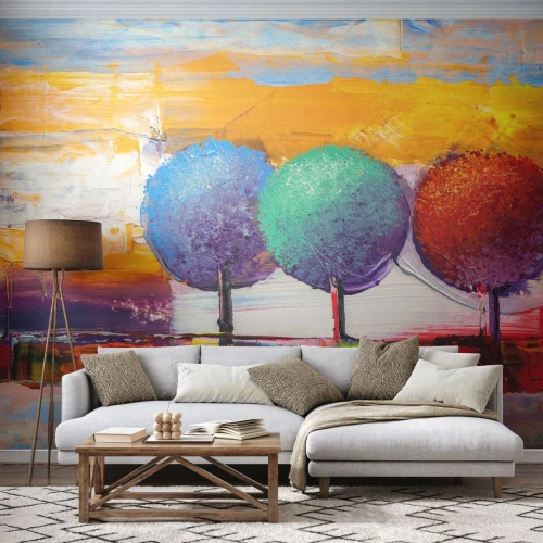 Fototapete Premium Canvas - Drei bunte Bäume auf abstraktem Hintergrund - 100x70cm - Aller guten Dinge sind drei - Moderne Wanddekoration für Wohnzimmer und Schlafzimmer ARTTOR