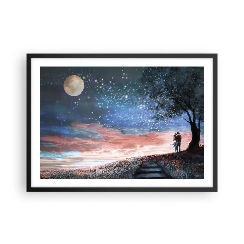 Poster in einem schwarzem Rahmen - Romantische Paarszene unter Vollmond - 70x50cm - Ein sternenklares Spektakel - Moderne Wanddekoration für Wohnzimmer und Schlafzimmer ARTTOR
