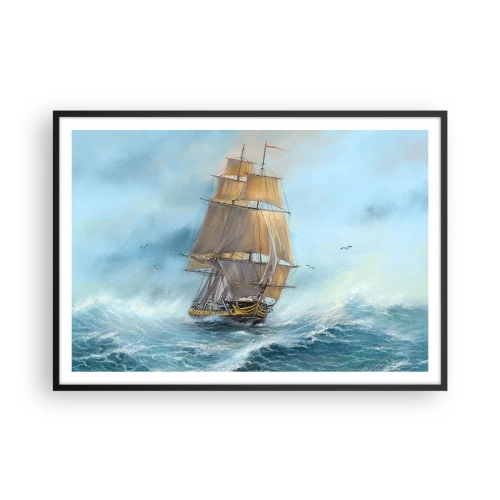 Poster in einem schwarzem Rahmen - Ein Segelschiff auf stürmischer See - 100x70cm - Über die Wellen gleiten - Moderne Wanddekoration für Wohnzimmer und Schlafzimmer ARTTOR