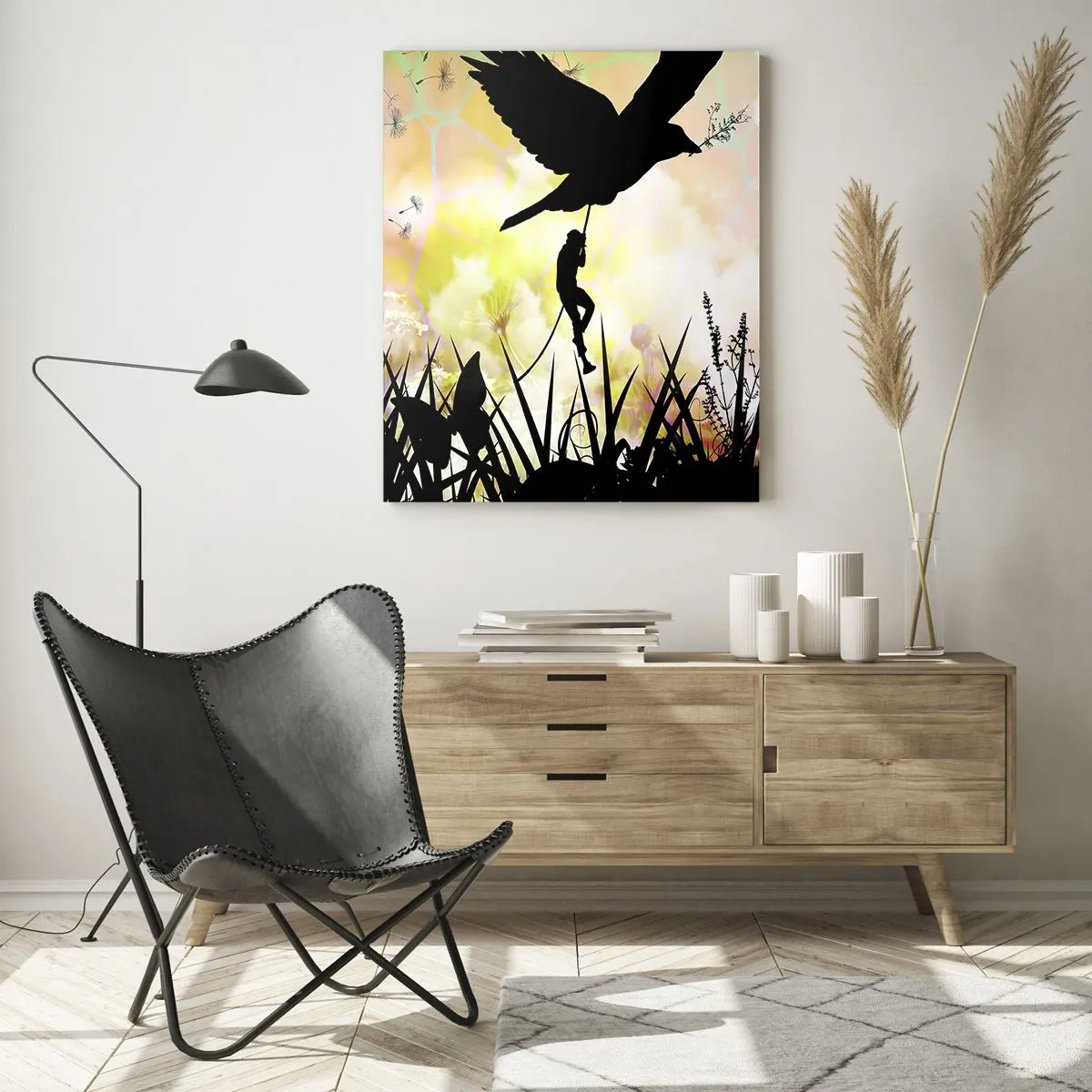 Glasbild - Bild auf glas - Natursilhouette mit einem Vogel und einem Löwenzahn - 80x120cm - In märchenhafter Atmosphäre - Moderne Wanddekoration für Wohnzimmer und Schlafzimmer ARTTOR