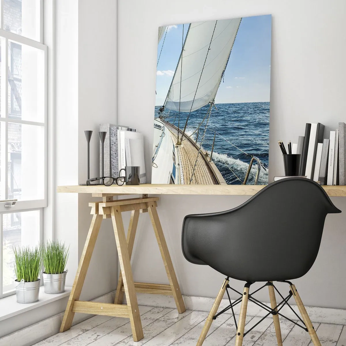 Glasbild - Bild auf glas - Eine Yacht auf offener See mit gehissten Segeln - 50x70cm - Ahoi, Abenteuer - Moderne Wanddekoration für Wohnzimmer und Schlafzimmer ARTTOR