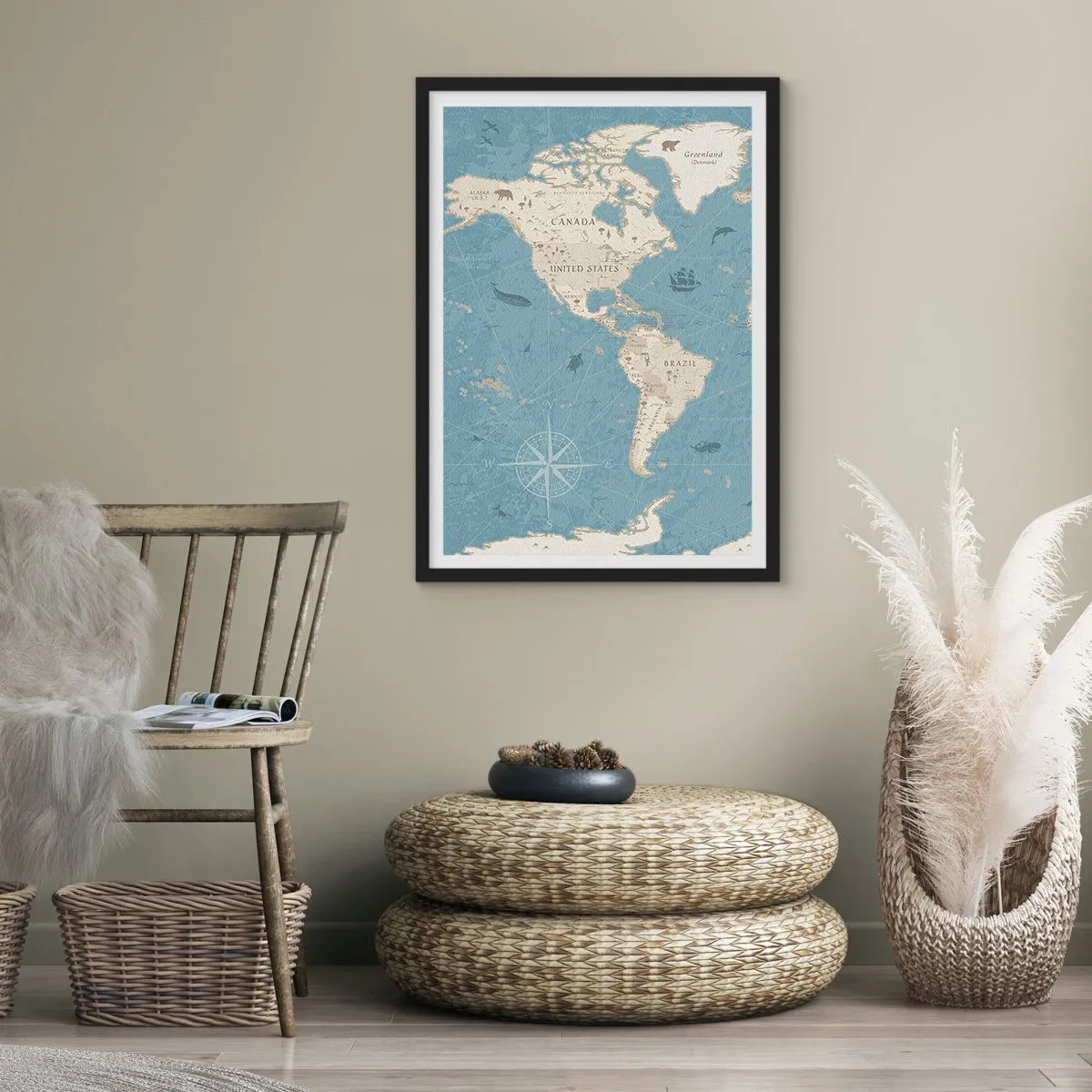 Poster in einem schwarzem Rahmen - Stilisierte Karte von Nord- und Südamerika - 50x70cm - Die Welt liegt zum Greifen nah - Moderne Wanddekoration für Wohnzimmer und Schlafzimmer ARTTOR