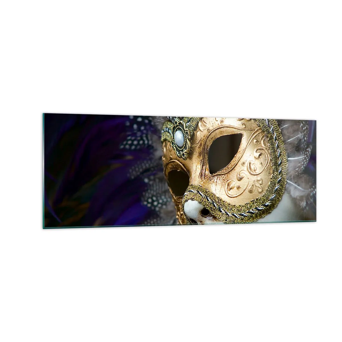 Glasbild - Bild auf glas - Goldene venezianische Maske mit dekorativen Federn und Ornamenten - 140x50cm - Venezianisches Porträt in Gold - Moderne Wanddekoration für Wohnzimmer und Schlafzimmer ARTTOR