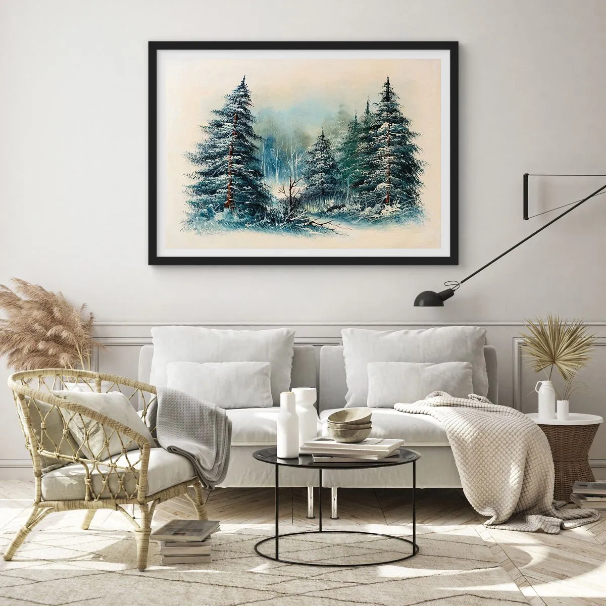 Poster in einem schwarzem Rahmen - Winterlandschaft mit schneebedeckten Bäumen - 100x70cm - Bereit für Weihnachten - Moderne Wanddekoration für Wohnzimmer und Schlafzimmer ARTTOR