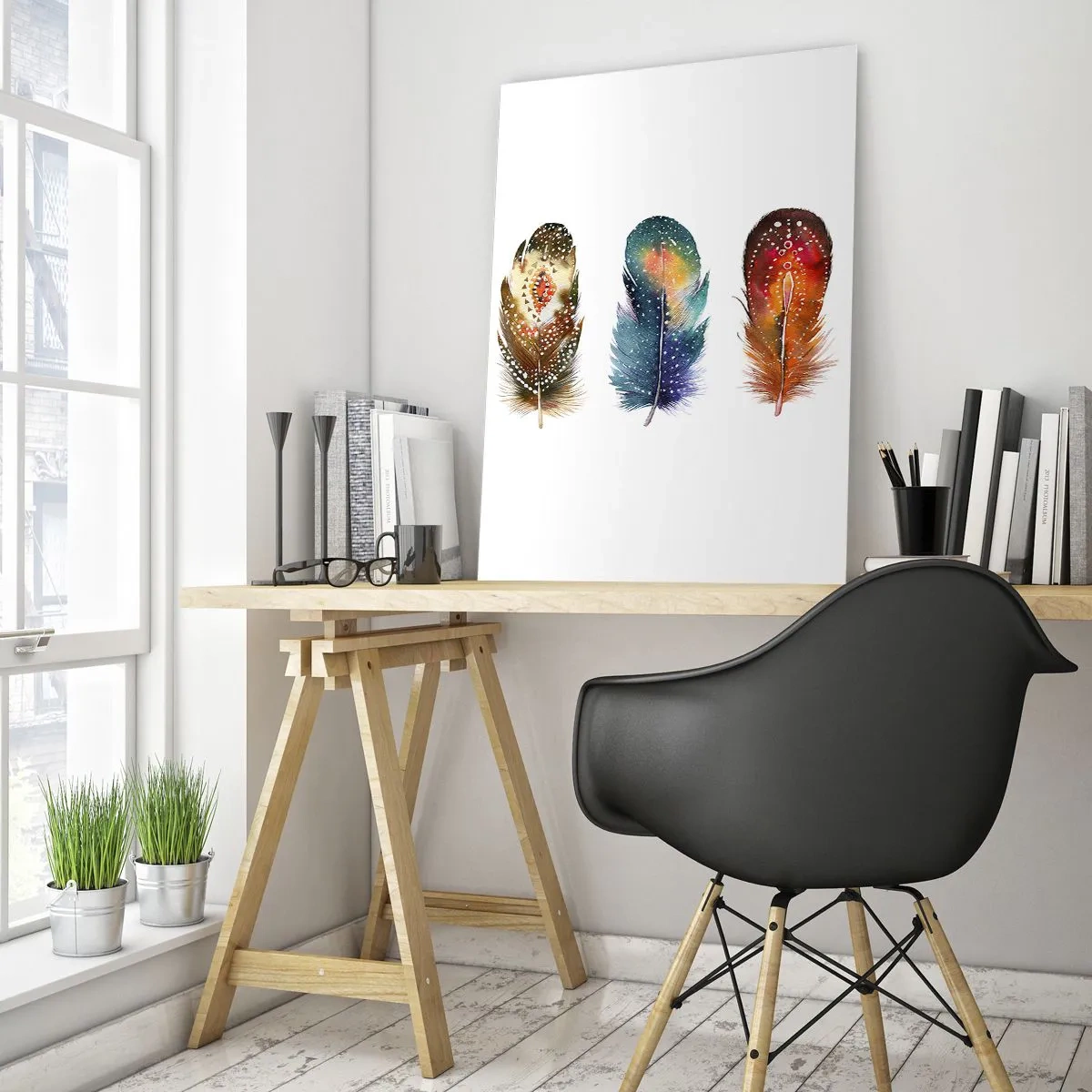 Glasbild - Bild auf glas - Drei bunte Federn mit kunstvollen Mustern auf hellem Hintergrund - 70x100cm - Rituale, Zeremonien, Geheimnisse - Moderne Wanddekoration für Wohnzimmer und Schlafzimmer ARTTOR