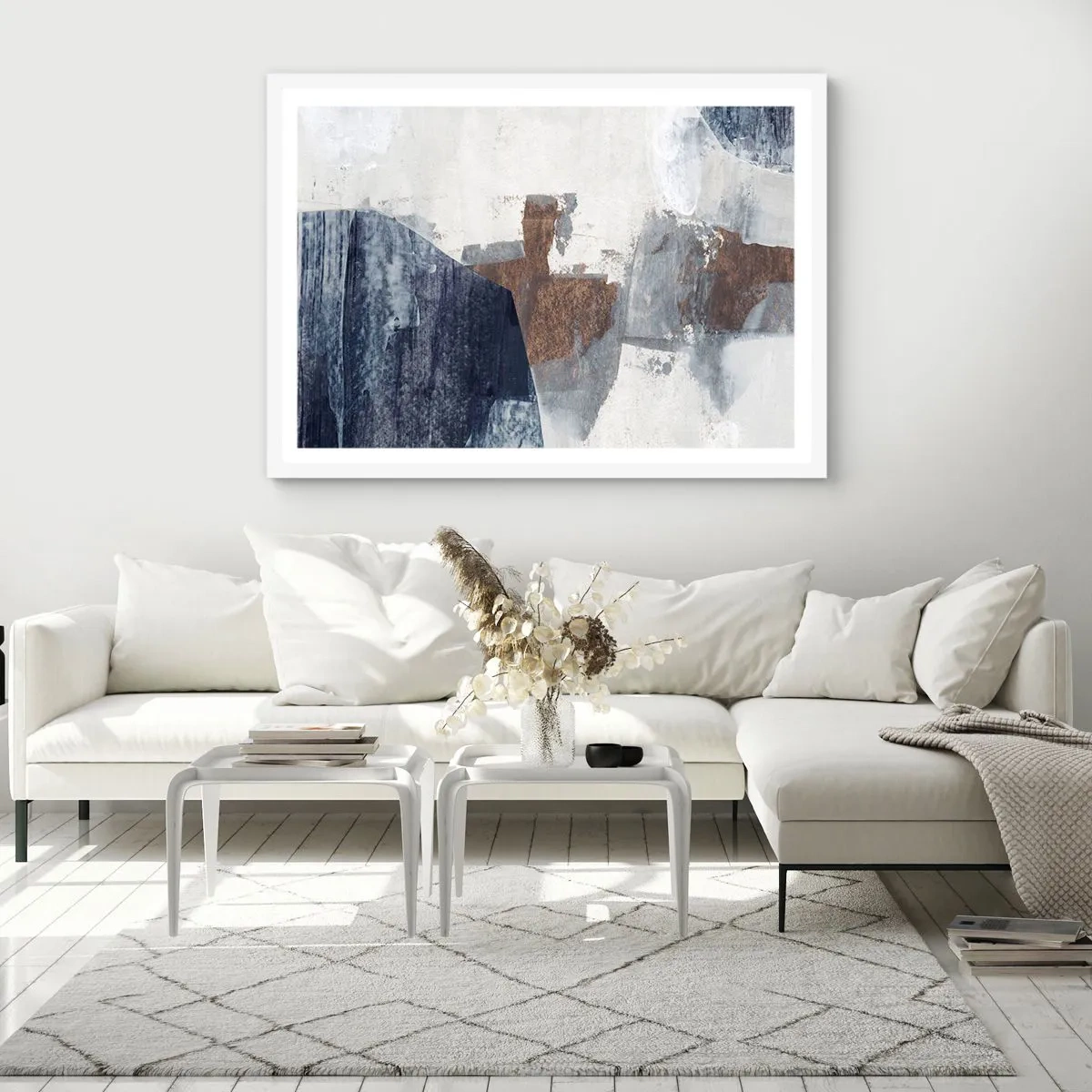 Poster in einem weißen Rahmen - Blaue und braune Formen - 50x40 cm