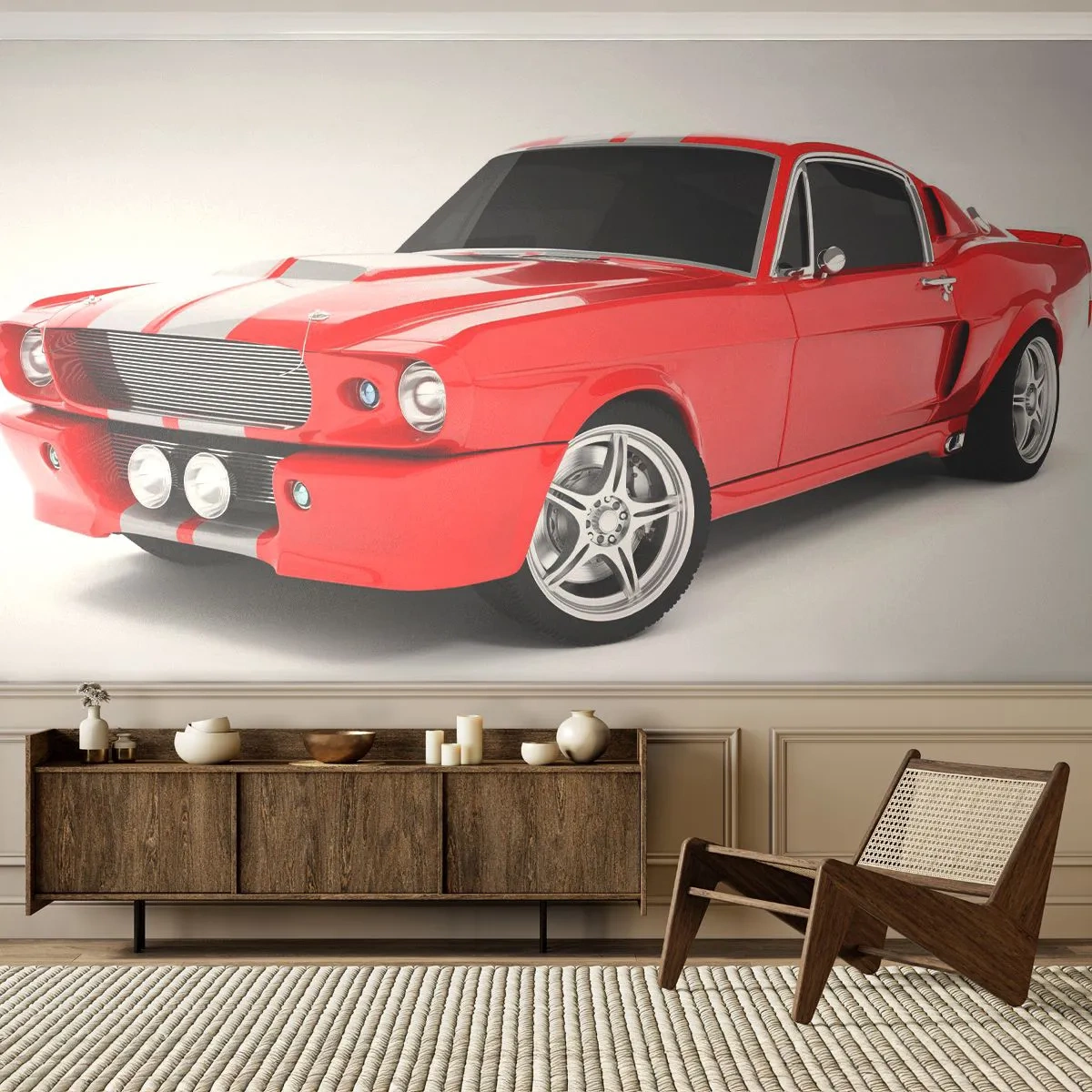 Fototapete Premium Sand - Klassischer roter Sportwagen auf weißem Hintergrund - 100x70cm - Ein Mustang so schnell wie der Wind - Moderne Wanddekoration für Wohnzimmer und Schlafzimmer ARTTOR