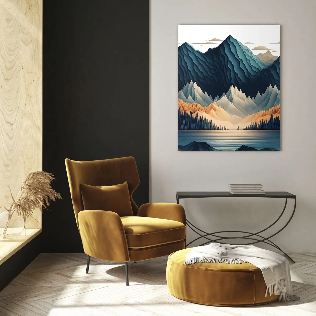 Glasbild - Bild auf glas - Stilisierte Berglandschaft mit Wald und See - 50x70cm - Perfekte Berglandschaft - Moderne Wanddekoration für Wohnzimmer und Schlafzimmer ARTTOR